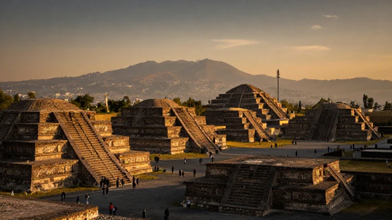 Ciudad azteca dorada al atardecer