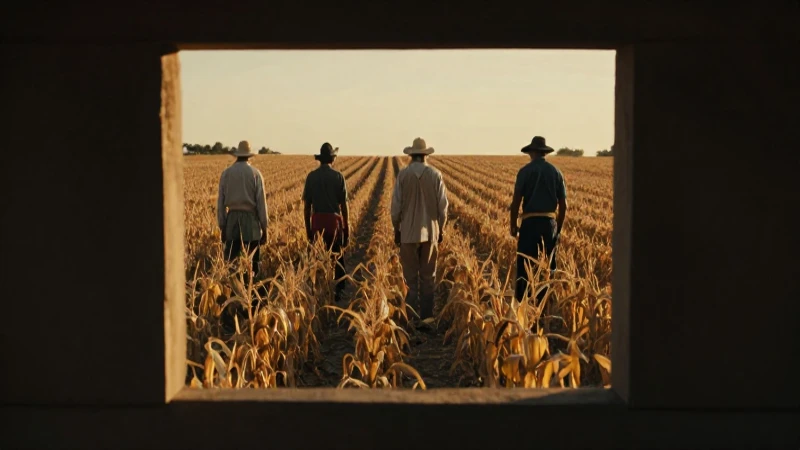 Agricultores antiguos cosecharon maíz al atardecer