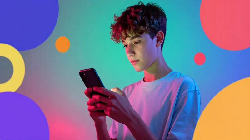 Adolescente con móvil, luces neón vibrantes