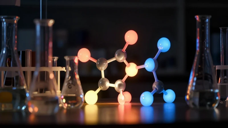 Estructuras moleculares brillan entre vidrio de laboratorio