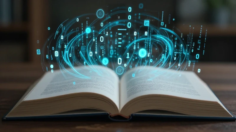 Libro abierto, código digital brillante y cinematográfico