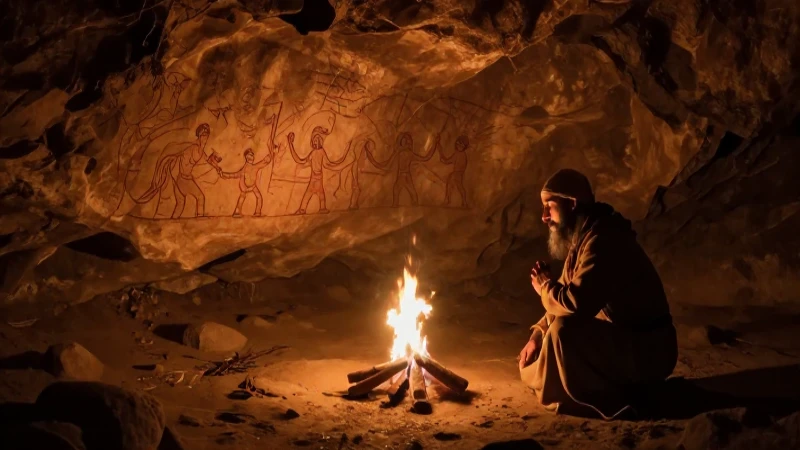Cuentacuentos ancestral bajo luz dramática rupestre