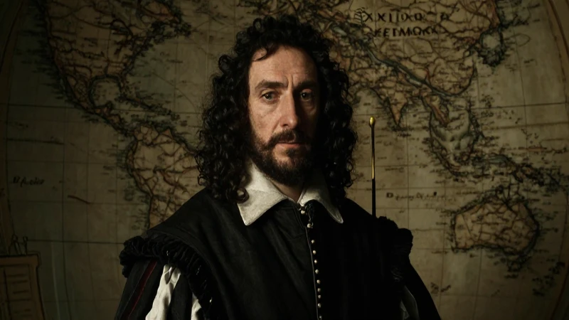 Retrato de Colón, mapa antiguo, luz dramática