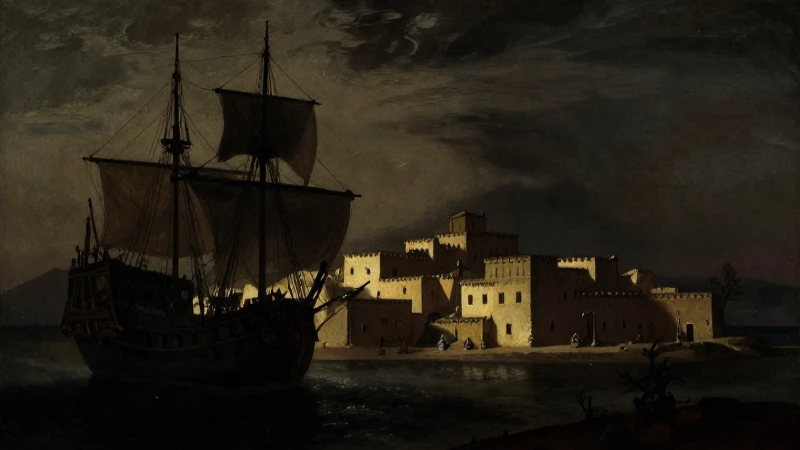 Pueblo nativo bajo galeón romántico en sombras
