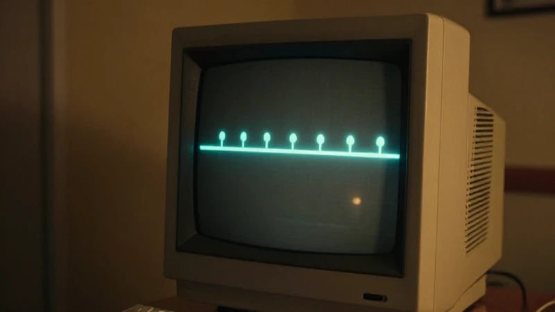Monitor antiguo proyecta línea temporal luminosa
