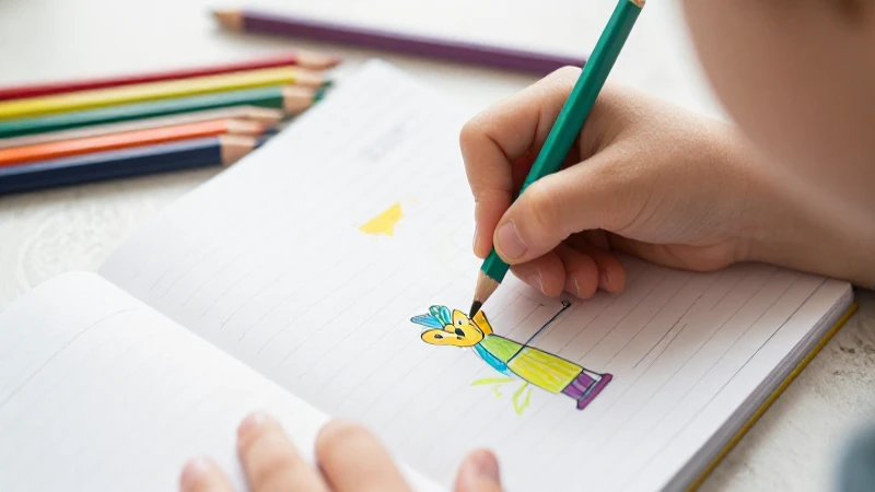 Manos infantiles dibujan esquemas con colores vivos