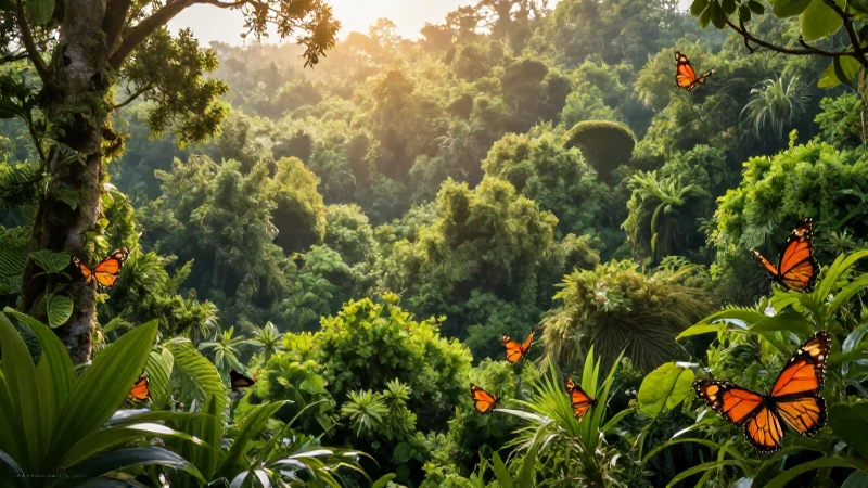 Mapa de la biodiversidad en México y su relación global 8 Selva exuberante con mariposas bajo luz dorada