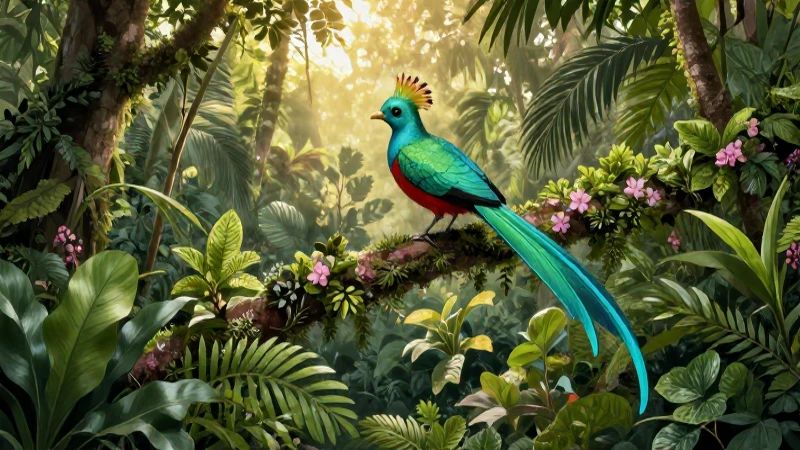 Mapa de la biodiversidad en México y su relación global 4 Selva exuberante con quetzal al atardecer