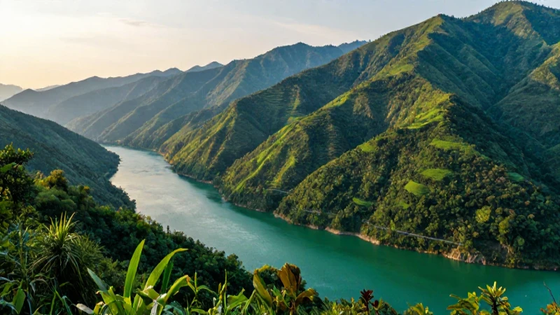 Montañas exuberantes con río dorado