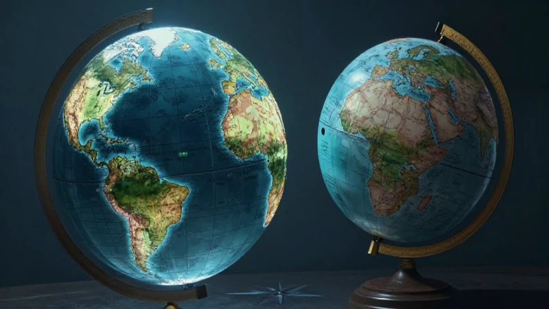 Globo iluminado con brújula, luz cinematográfica