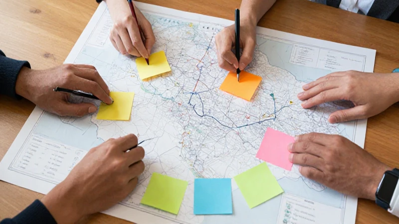 Manos diversas colaboran sobre un mapa colorido