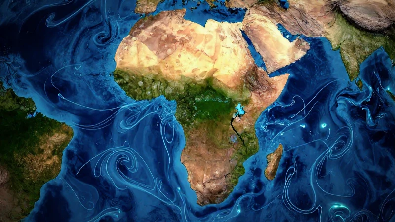 Mapa africano estilizado con corrientes brillantes