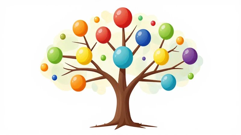 Árbol colorido con nodos interconectados e ilustración