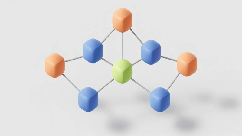 Diagrama isométrico con nodos interconectados e iluminación