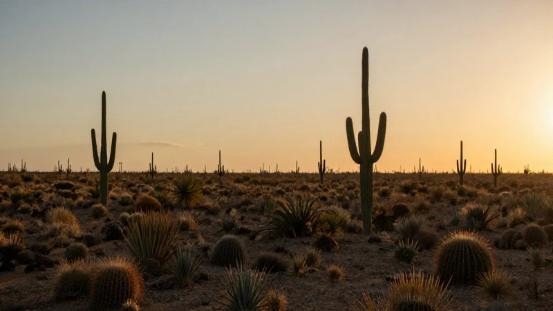 Desierto cálido, cactos a lo lejos