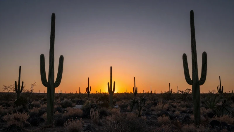 Paisaje árido, cactus al atardecer panorámico