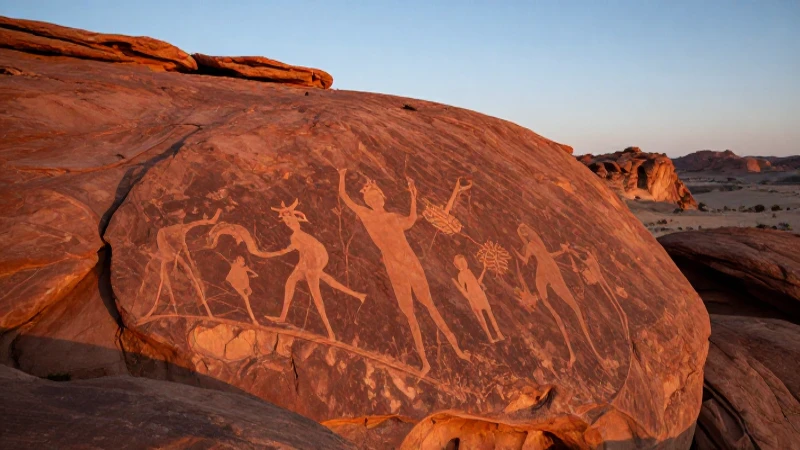 Arte rupestre bajo cálida luz del desierto