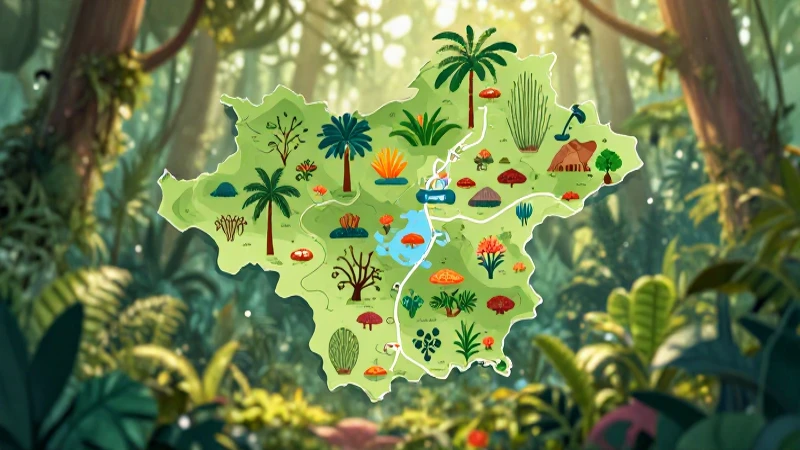 Mapa conceptual de la biodiversidad: ¡Guía completa y fácil! 9 Ilustración botánica vibrante, selva exuberante iluminada