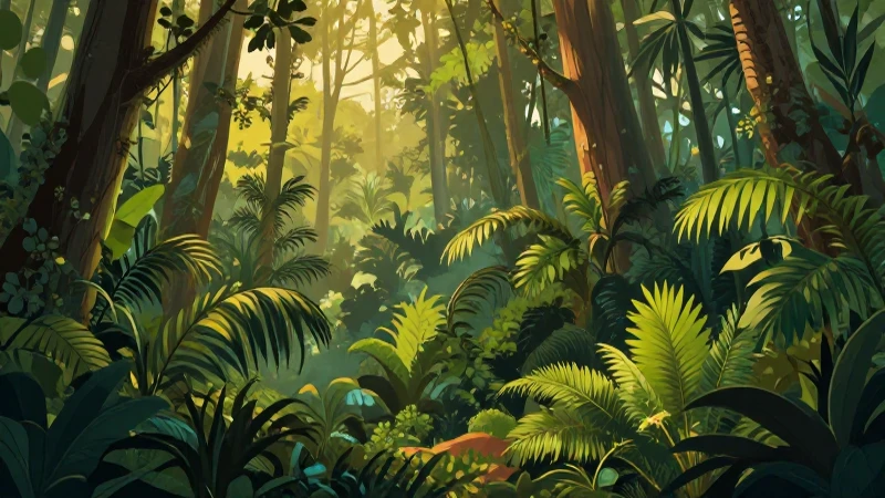 Mapa conceptual de la biodiversidad: ¡Guía completa y fácil! 2 Selva exuberante, luz dorada e ilustración detallada