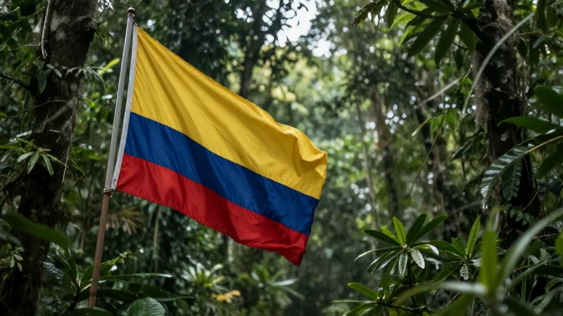 Bandera colombiana bajo dosel selvático cinematográfico