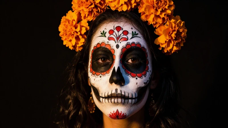 Cuáles son el significado y elementos del Día de Muertos 8 Retrato festivo calaca con flores vibrantes