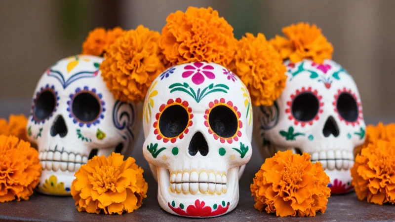 Cuáles son el significado y elementos del Día de Muertos 10 Calaveras azucaradas y flores vibrantes, arte mexicano