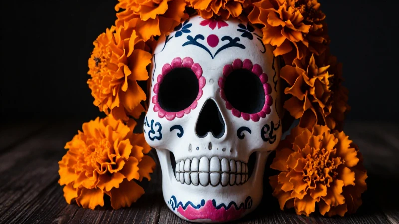 Cuáles son el significado y elementos del Día de Muertos 6 Calavera azucarada con adornos florales dramáticos