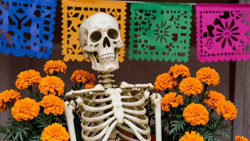 Cuáles son el significado y elementos del Día de Muertos 9 Calavera colorida rodeada de cempasúchil y papel