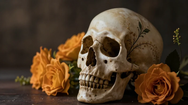Cuáles son el significado y elementos del Día de Muertos 5 Cráneo floral iluminado con luz suave