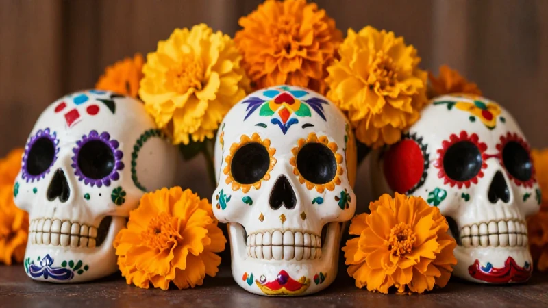 Cuáles son el significado y elementos del Día de Muertos 4 Calaveras coloridas resplandecen cálidamente
