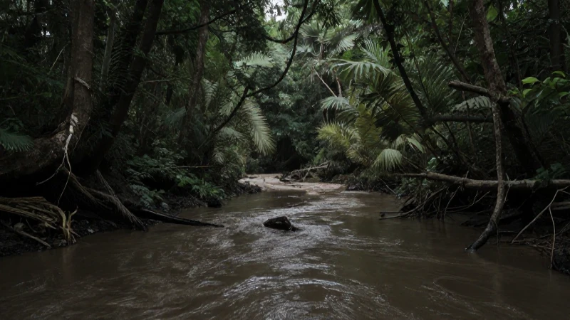Cómo se interrelacionan ecosistema y medio ambiente 5 Bosque devastado, río sucio, realismo cinematográfico oscuro