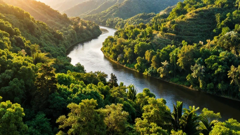 Cómo se interrelacionan ecosistema y medio ambiente 3 Bosque exuberante bajo luz dorada vibrante