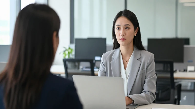 Mujer entrevistada en oficina moderna y luminosa