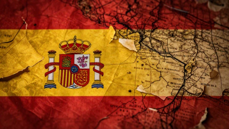 Fragmentos antiguos, bandera española e iluminación cálida