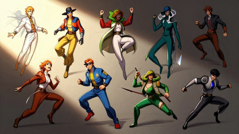 Boceto dinámico con personajes coloridos e impactante luz