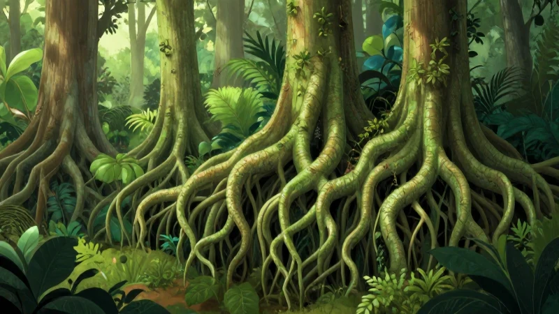 Ecosistema exuberante, raíces entrelazadas y colores vibrantes