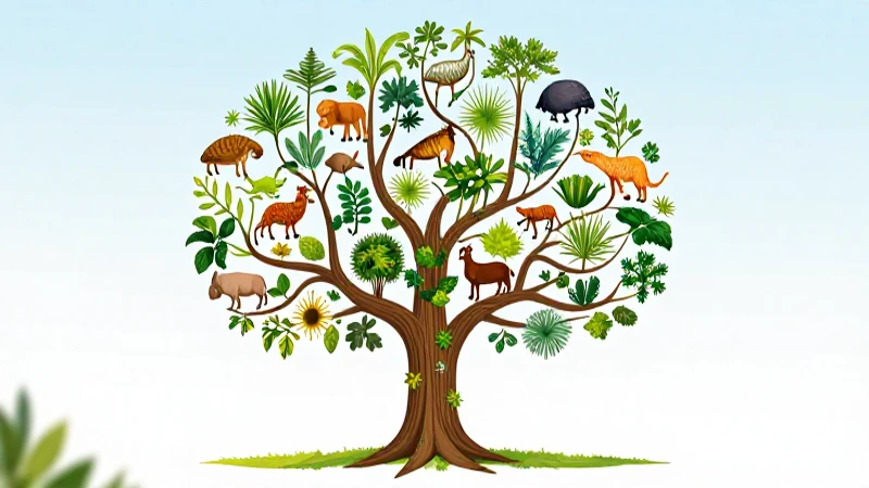 Ilustración botánica detallada de ecosistema diverso