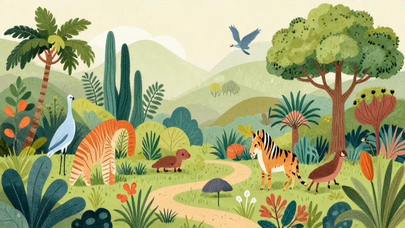 Ilustración botánica colorida con fauna diversa