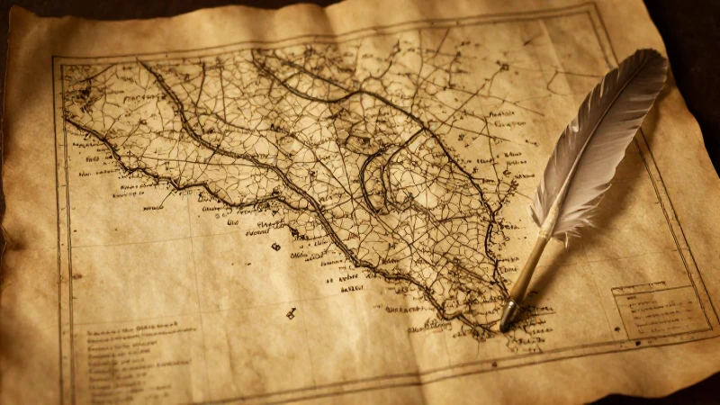 Mapa antiguo con pluma bajo luz dorada