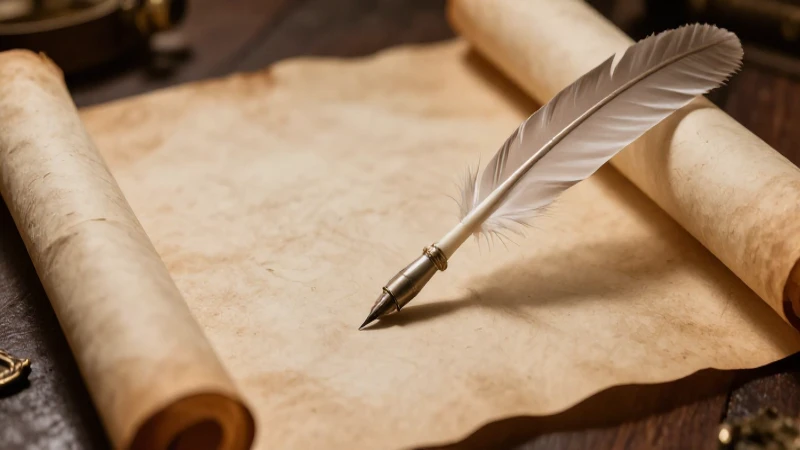 Pergamino antiguo con pluma bajo luz cálida