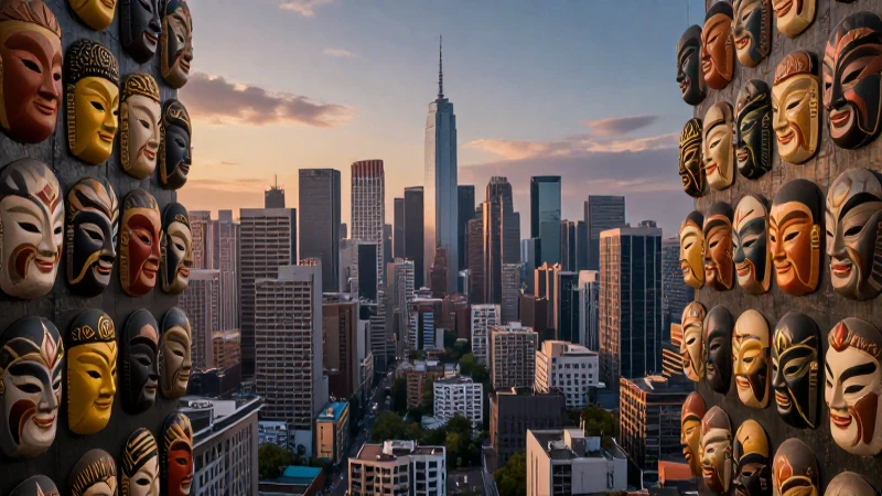 Ciudad panorámica realista con máscaras tradicionales