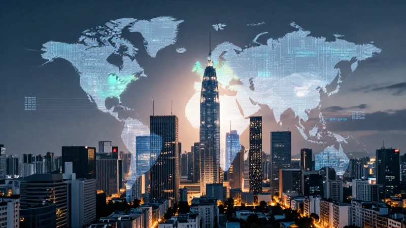 Flujo económico global, ciudad futurista dramática