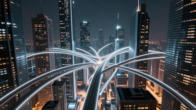 Ciudad futurista, luces volumétricas y conexión intrincada