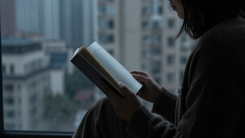 Mujer lee bajo luz dramática y borrosa