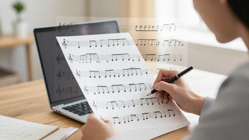 Mapa conceptual de la música: guía paso a paso para aprender 3 Estudiante estudia teoría musical con luz suave
