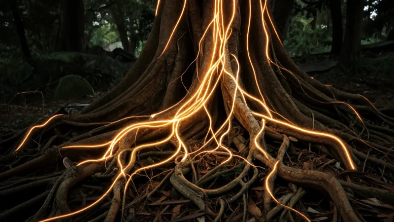 Mapa Conceptual de la Naturaleza Humana: Conexiones Vitales 6 Raíces antiguas brillan conectadas cinematográficamente