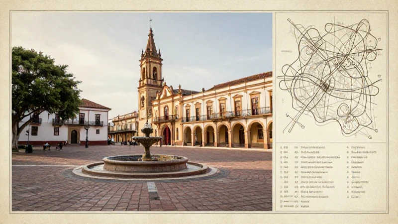 Plaza colonial iluminada por sol antiguo