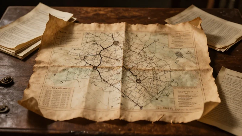 Mapa antiguo iluminado descansando sobre madera