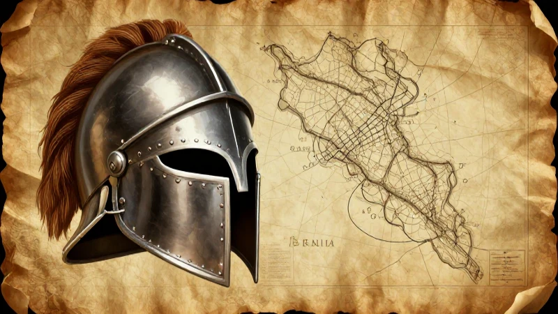Mapa antiguo con casco y luz dramática