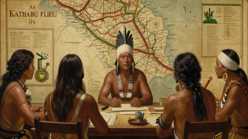 Consejo indígena con mapa histórico antiguo